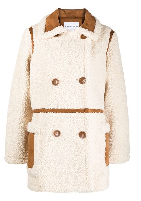 White and brown shearling double-breasted coat - women